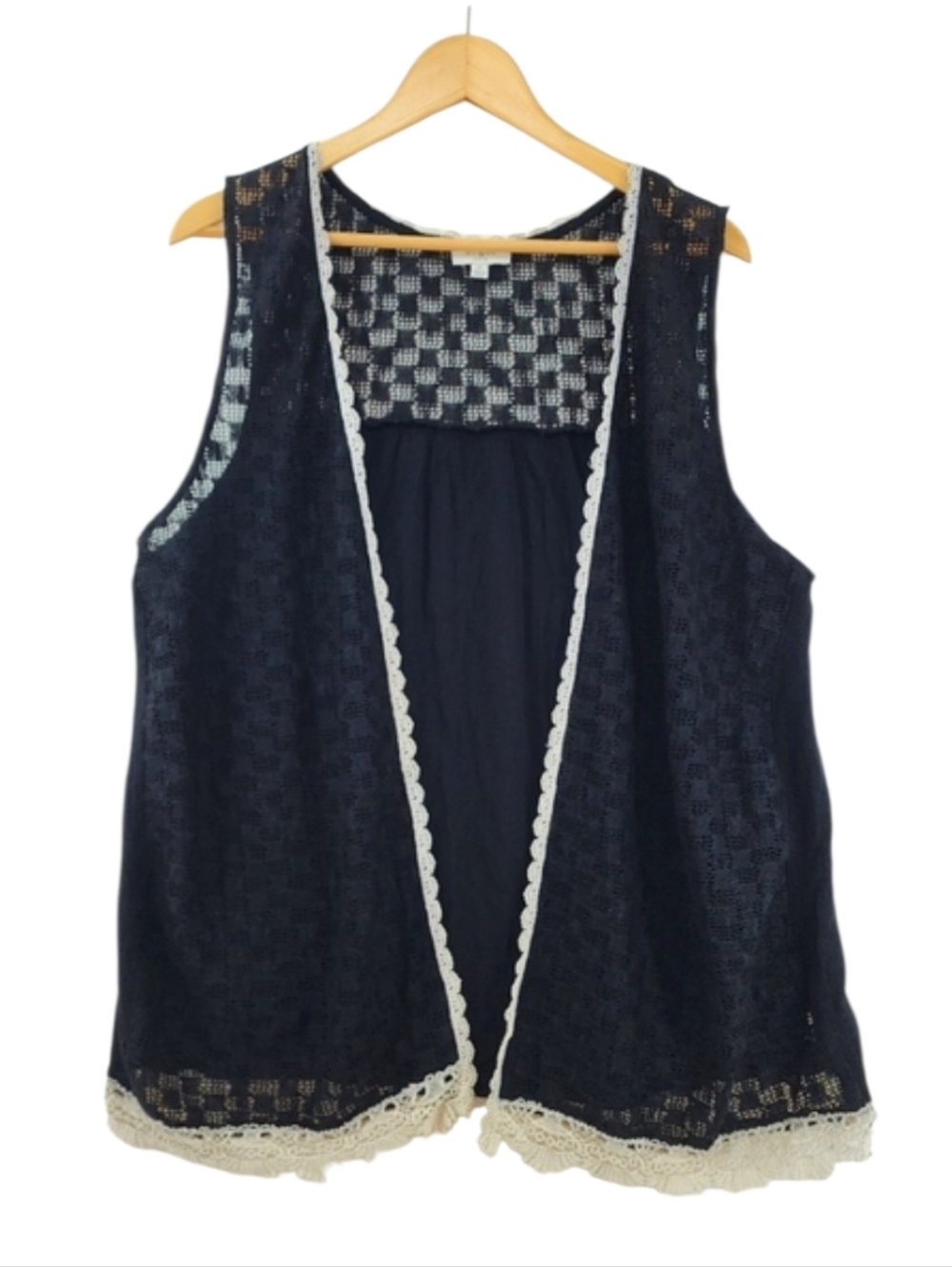 Umgee Checkered Print Lace Vest Open Front Women's Medium Hippie Boho Flowy